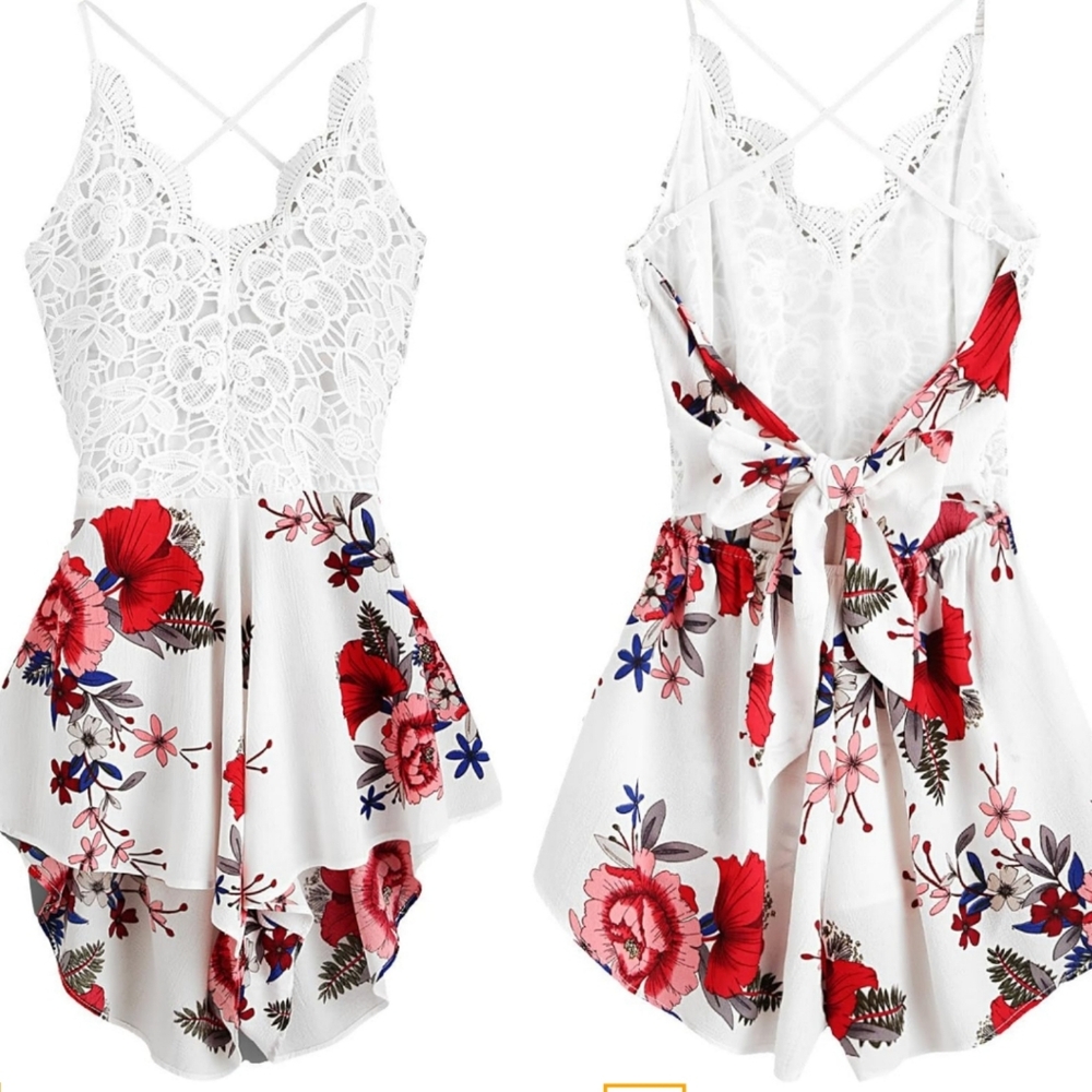 SheIn Women's Boho Crochet V Neck Halter Backless Floral Lace Romper Jumpsuit
